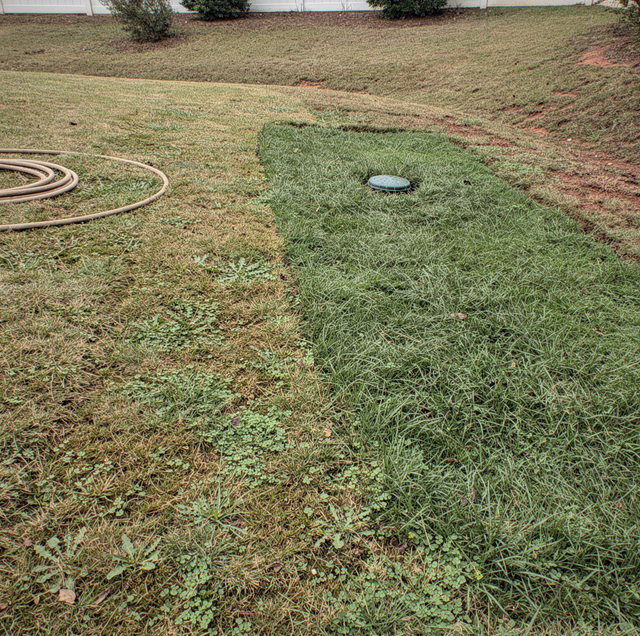 septic tank cover surrounded by lush dark green grass