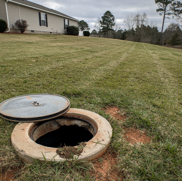 Open manhole with concrete cover beside clipboard and footprint in grass yard.