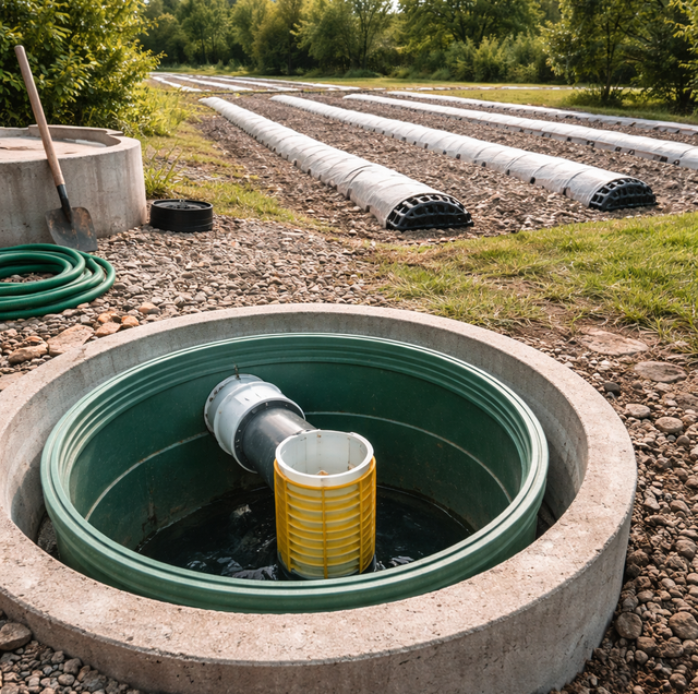 septic effluent filter cartridge held in gloved hand