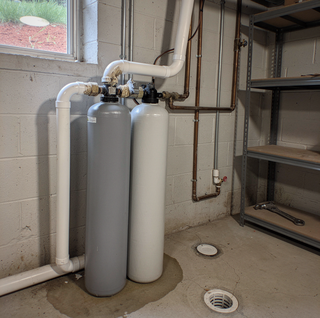 Two treatment tanks and plumbing in a utility room