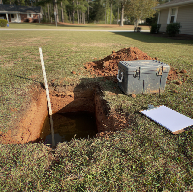 An open soil test hole with a measuring staff and clipboard nearby